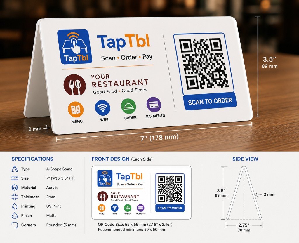 TapTbl table stand product specifications showing Scan Order Pay workflow
