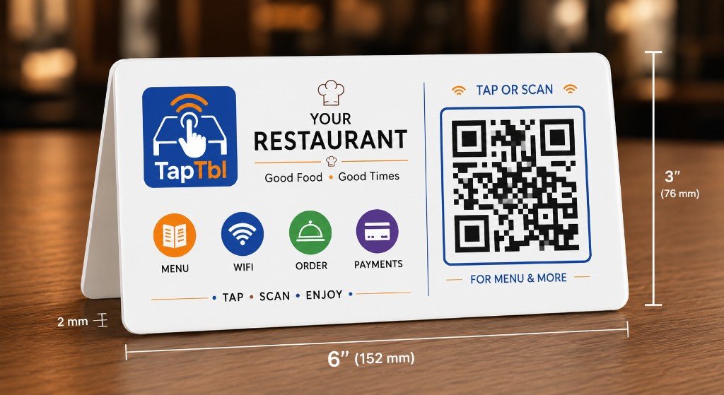 TapTbl NFC and QR V-shaped acrylic table stand placed on a restaurant table